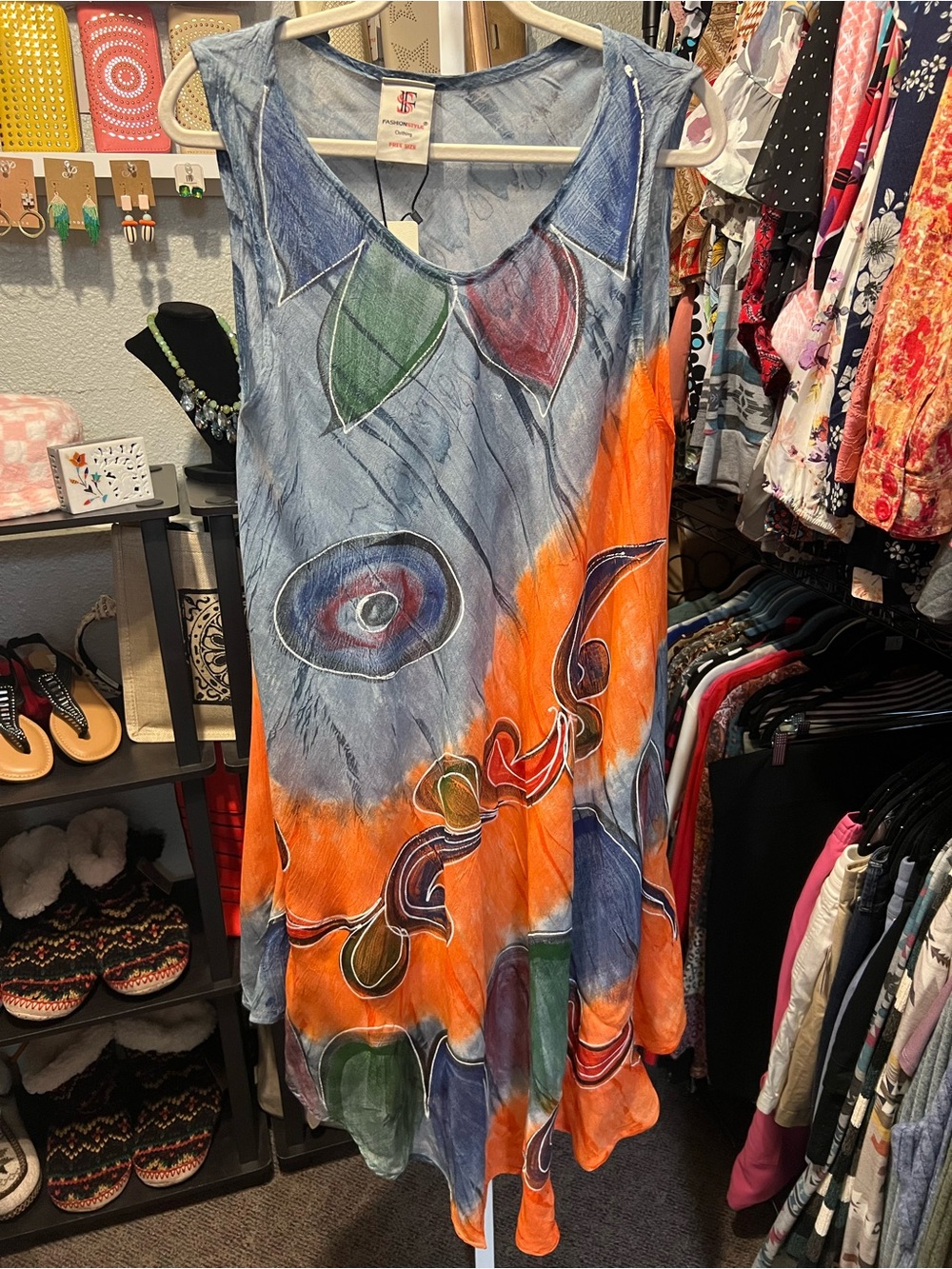 Fashion Style Hand-Painted Boho Sleeveless Sundress - Orange & Blue